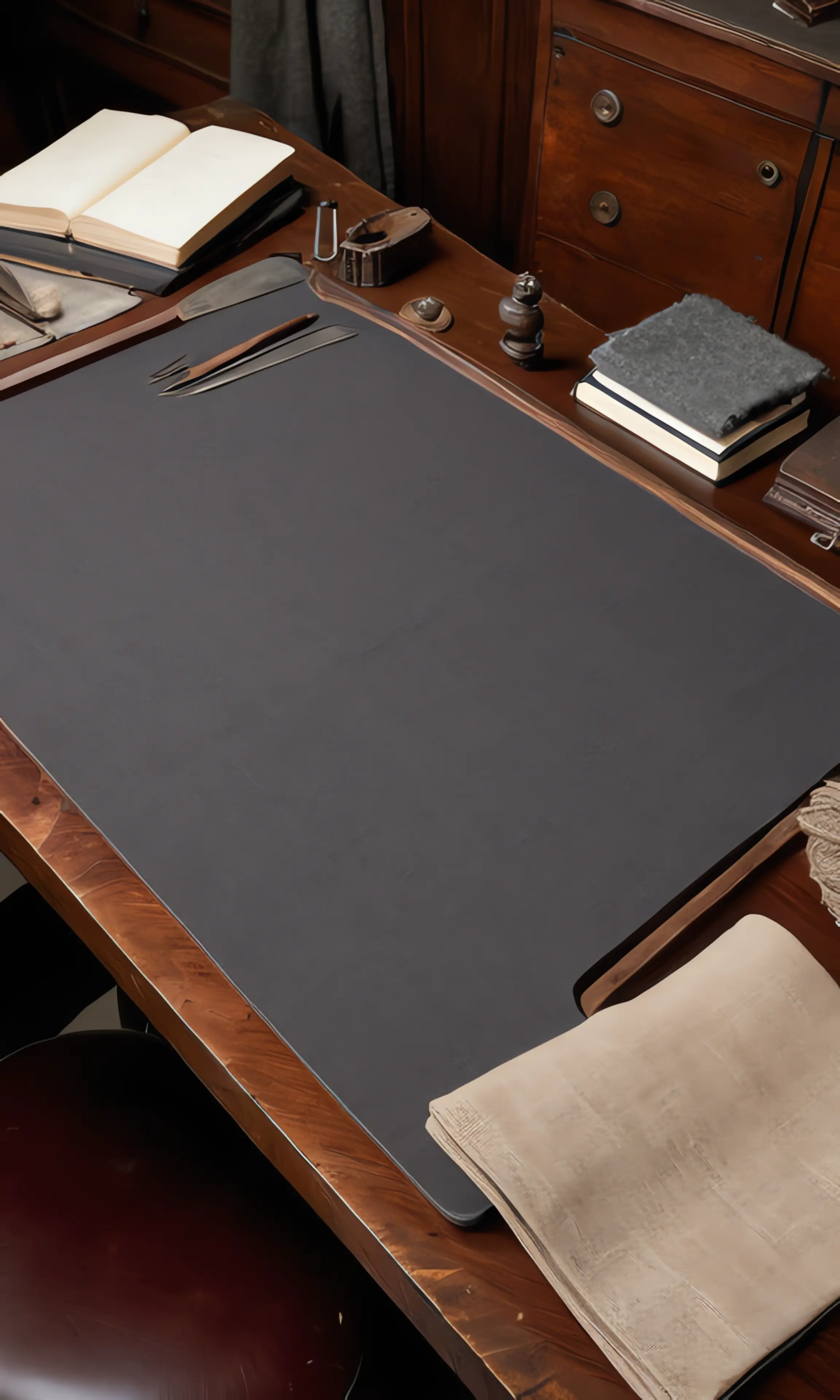 Placeholder: studio still life with fabric samples, sketches, and design tools in warm light